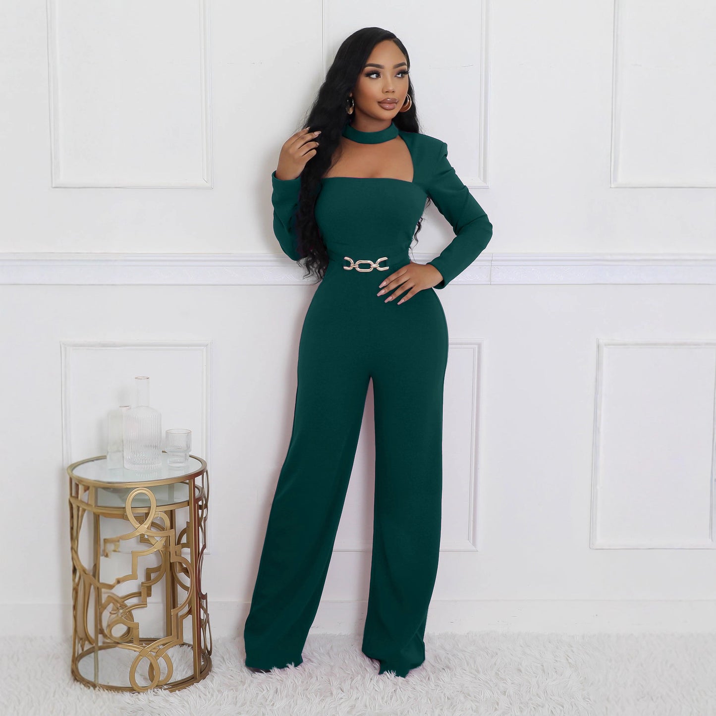 Women's Elegant Personalized Scarf Long Sleeve Wide Jumpsuits