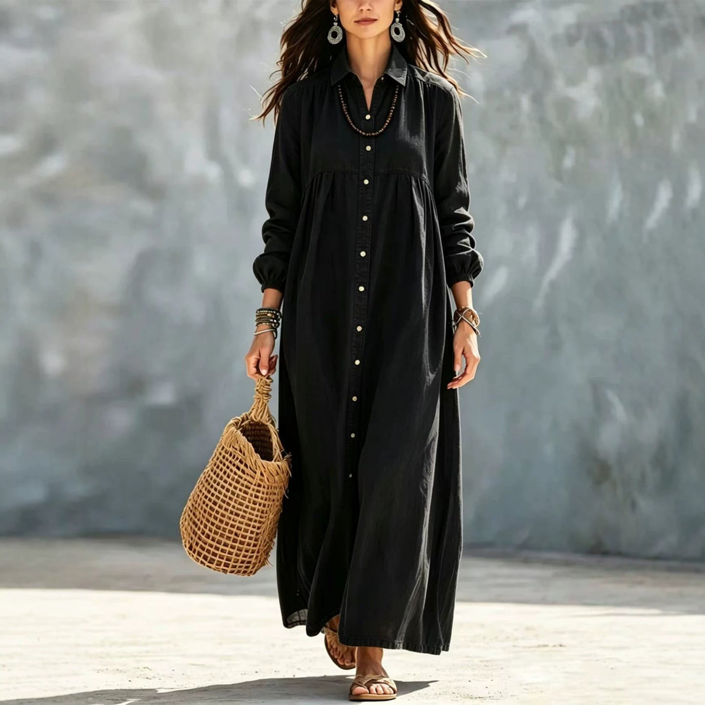 Women's Color Shirt Loose Button Lapel Casual Long Dress
