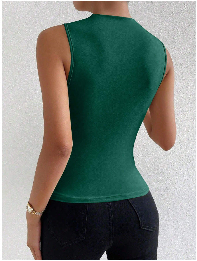 Women's Fashion Solid Color Pleated Sleeveless Head Blouses