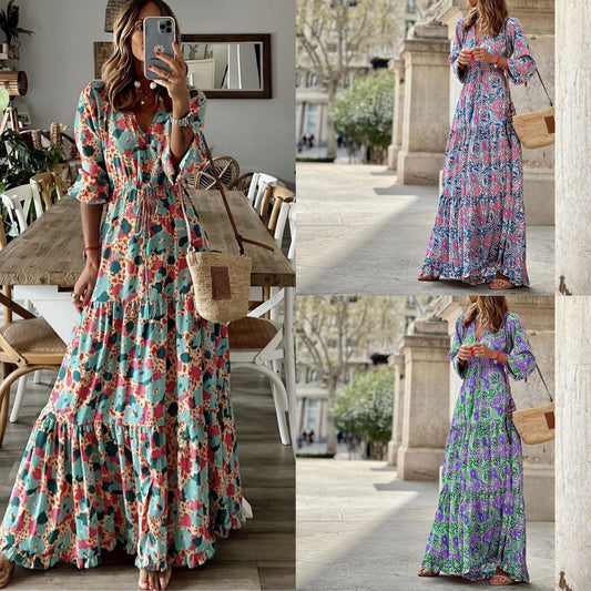 Women's Printed Short-sleeved Girdle Large Long Style Dress