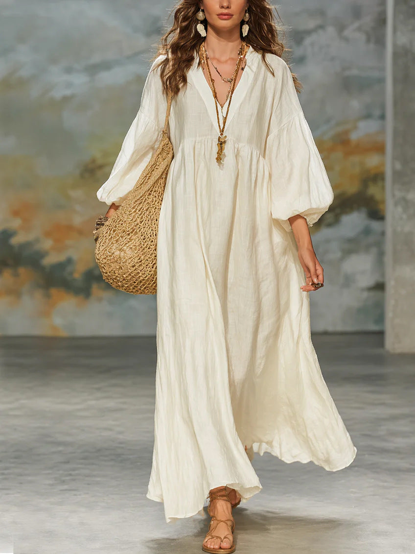 Women's Cotton Linen Deep V Lantern Sleeve Dress