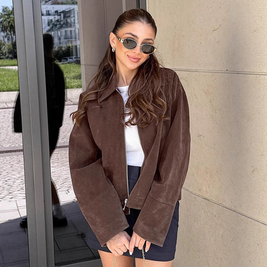 Women's Brown Suede Autumn Commuter Loose Lapels Jackets