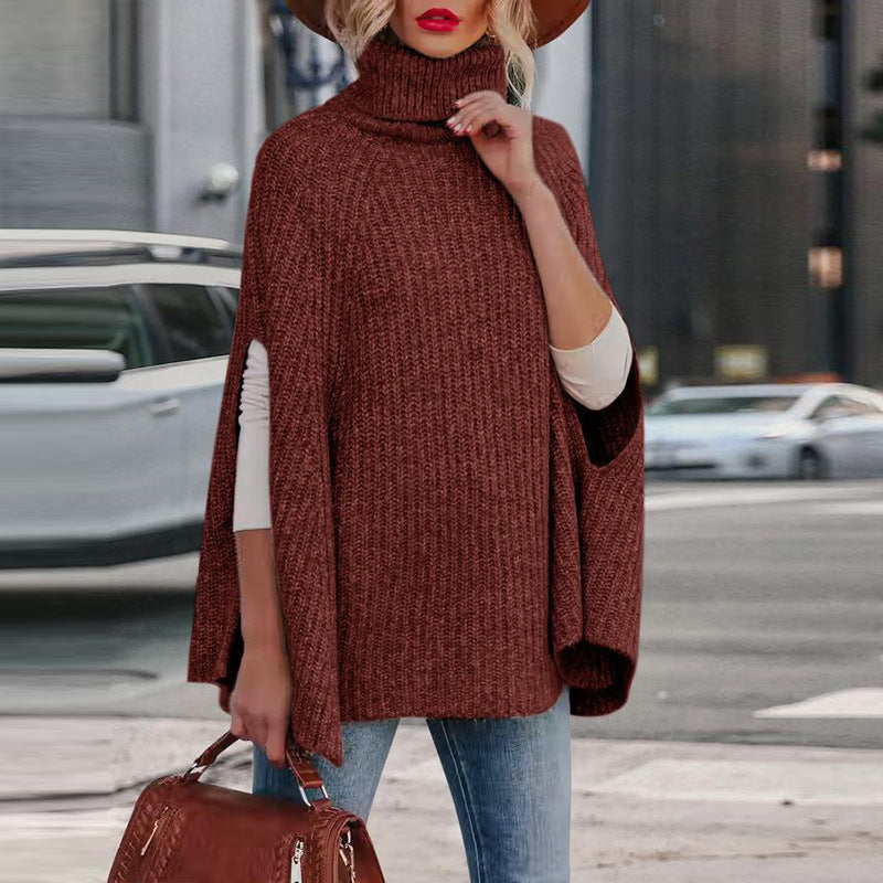 Women's Solid Color Turtleneck Fashion Cloak Loose Sweater