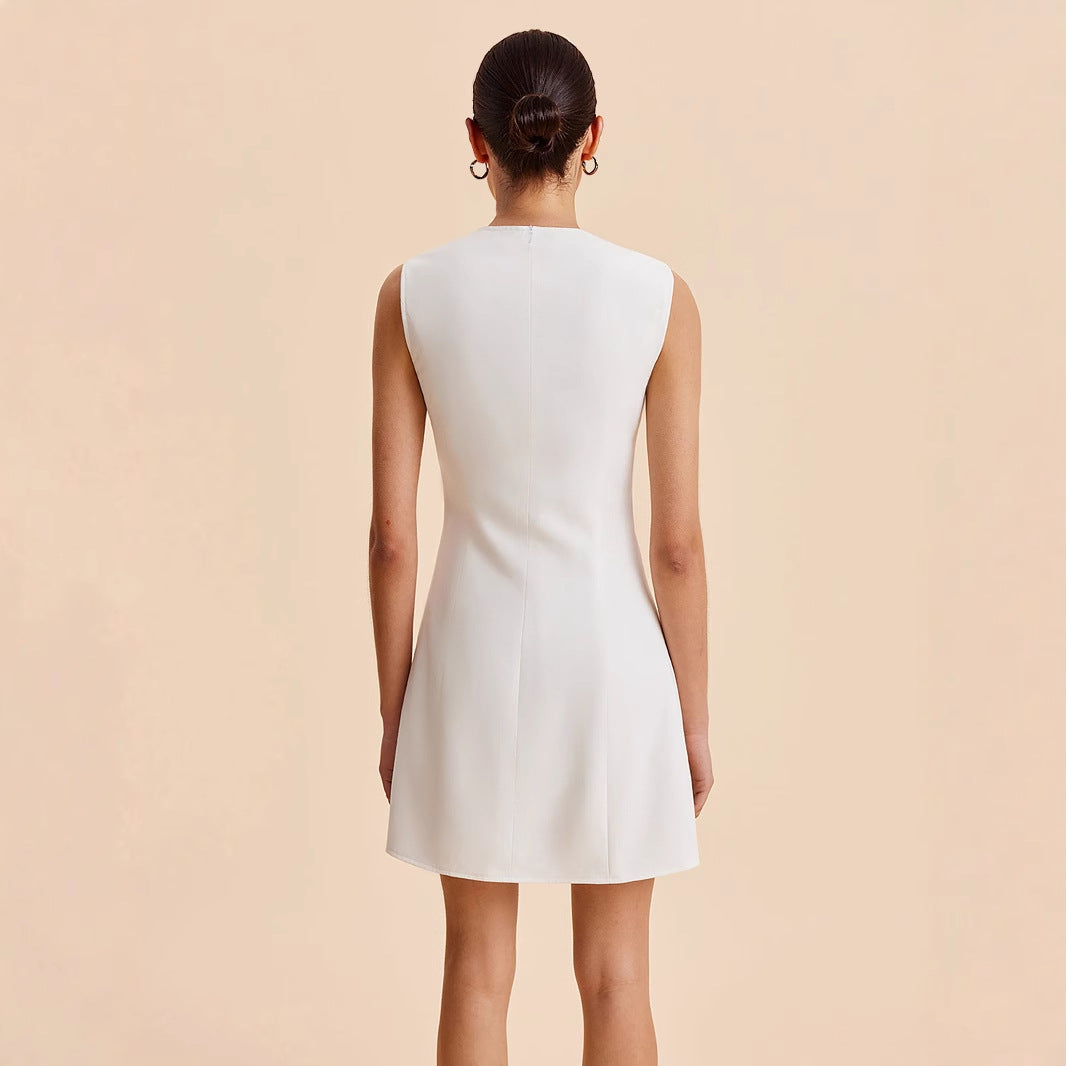 Women's Summer Sleeveless Round Neck Buckle Solid Dresses