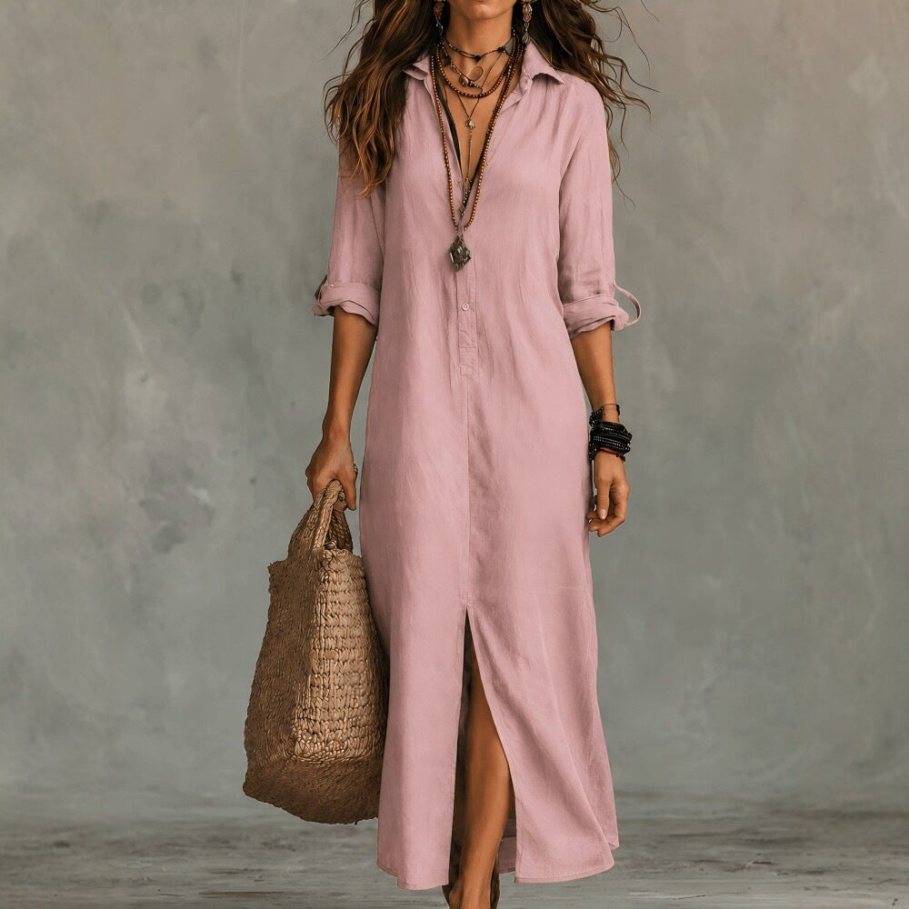 Loose Solid Color Polo Collar Front Rear Dress