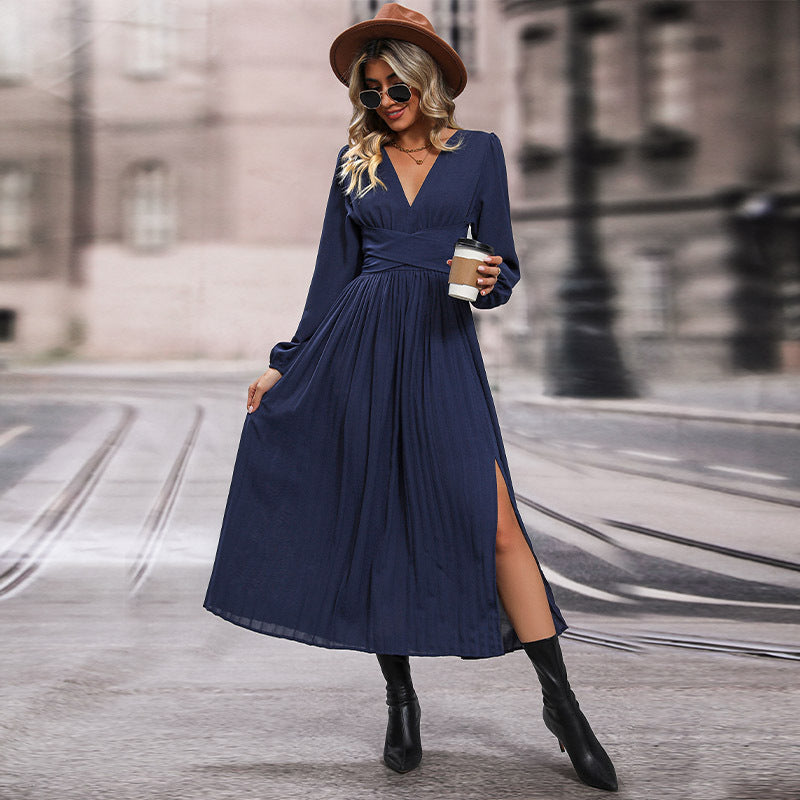 Women's Long Sleeve Solid Color Dress Mid-length Dresses