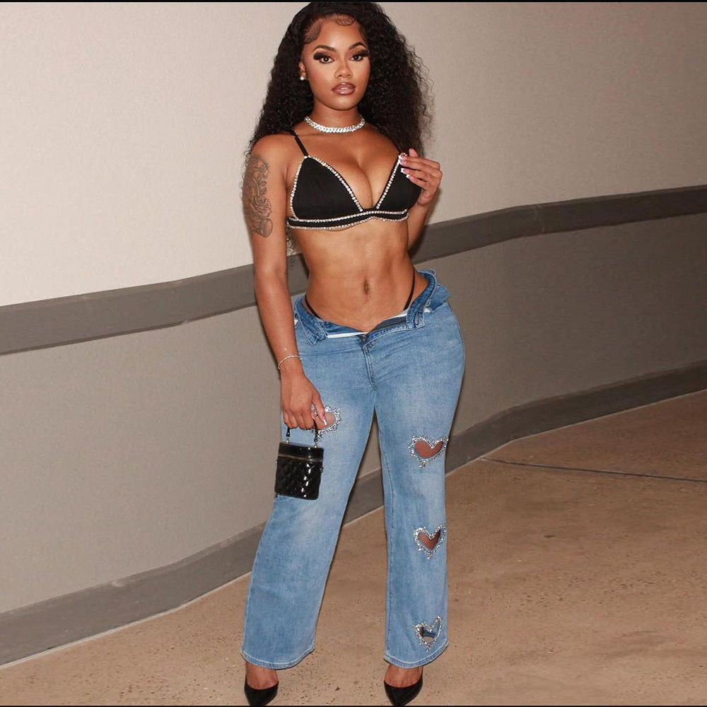 Elastic Denim Summer Washed Rhinestone Love Jeans