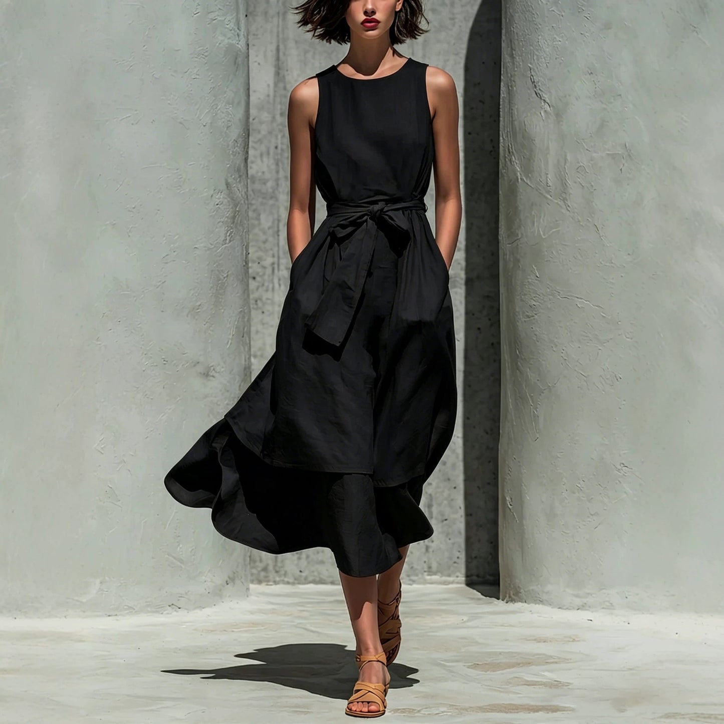 Sleeveless Round Neck Tied Waist Irregular Swing Dress