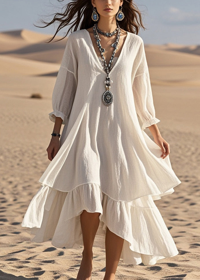 Women's Cotton Linen Solid Color Long Sleeve Dresses