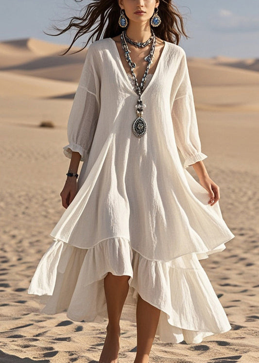 Women's Cotton Linen Solid Color Long Sleeve Dresses