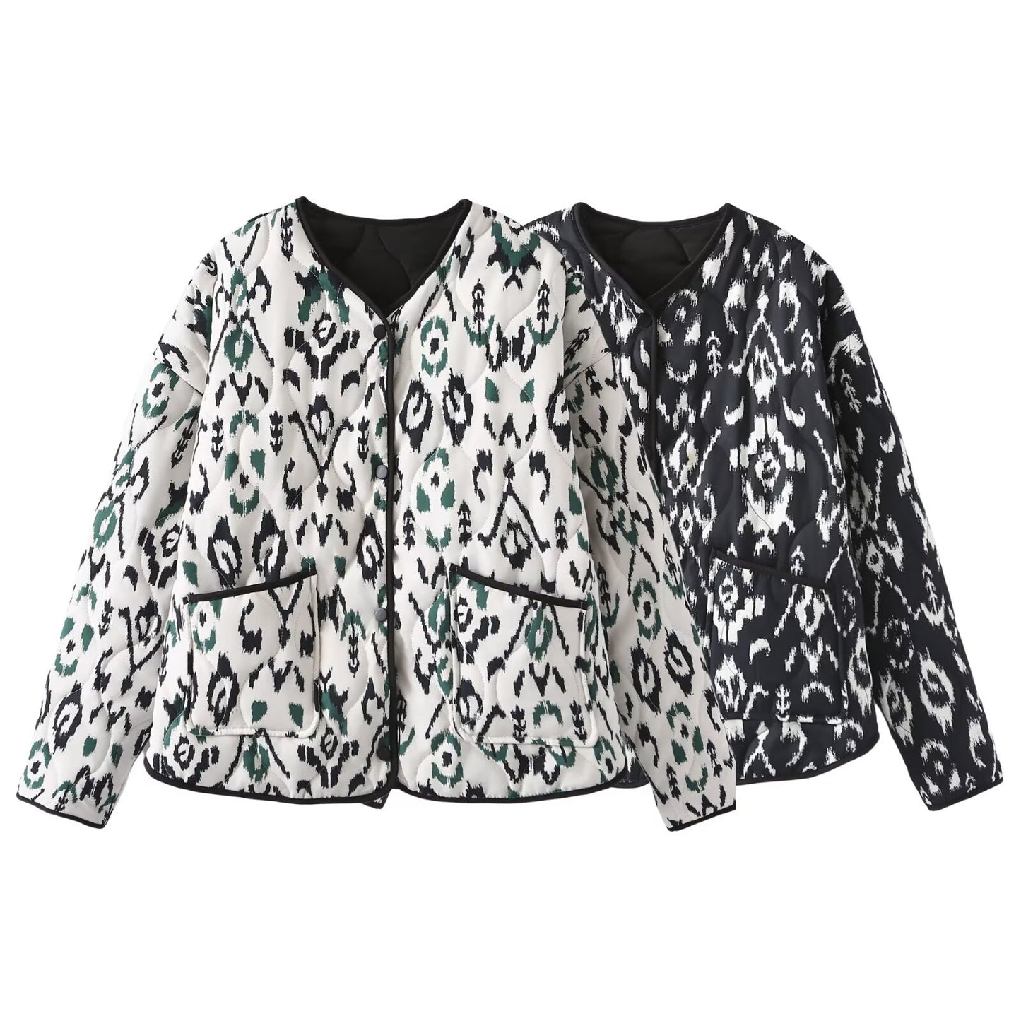 Women's Retro Collarless Pocket Printed Quilted Loose Coats