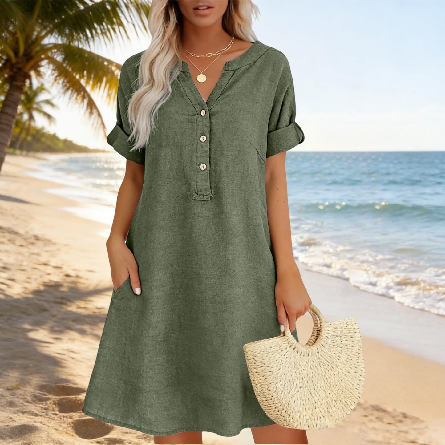 Sleeve Buttons Pocket Solid Color Shirt Shorts