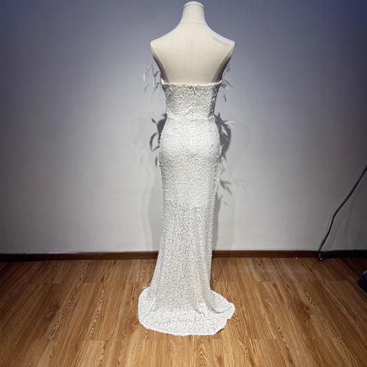 Women's High Quality Fashion Tube Sequined Pearl Dress Feather Dresses