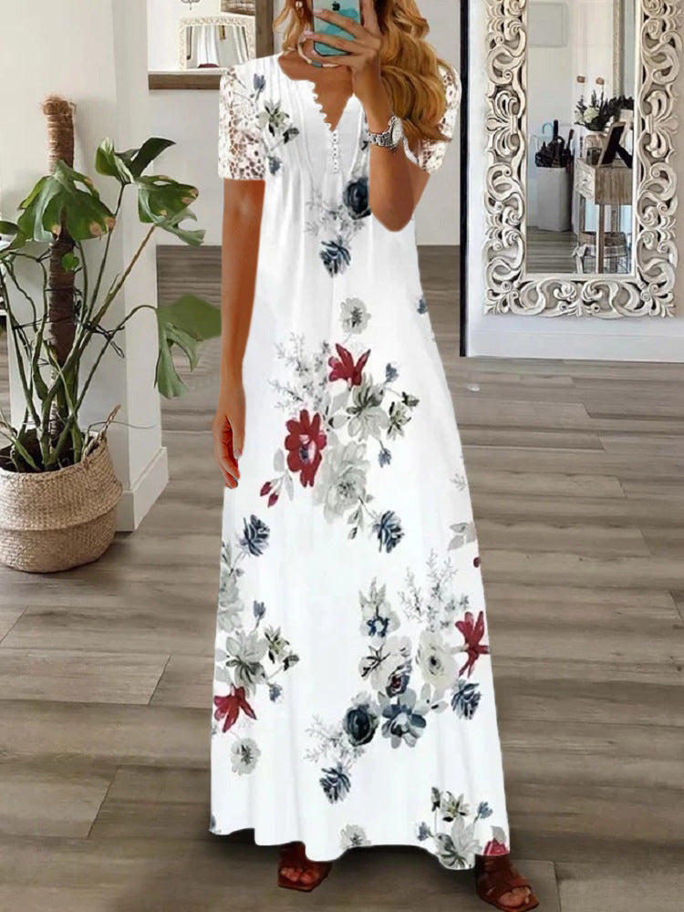 Creative Women's Fashion Short-sleeved Printed Lace Dress