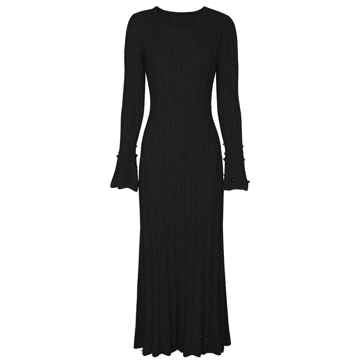 Wool Round Neck Nail Pearl Flared Dresses