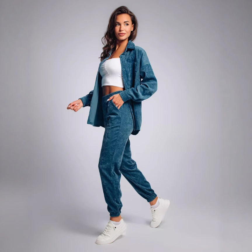 Women's Retro Lapel Shirt Outfit Loose Corduroy Trousers Fashion Casual Suit