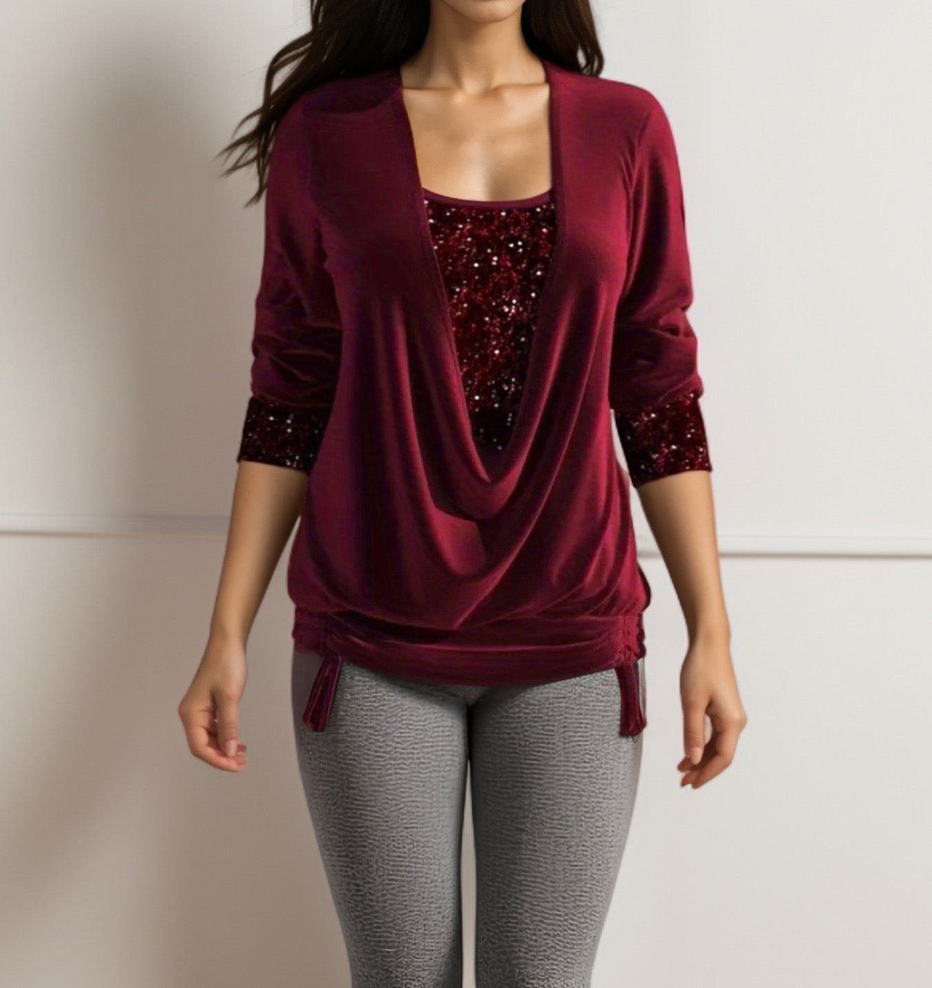 Women's Sequin Long Sleeve Large Drop Collar Clothing