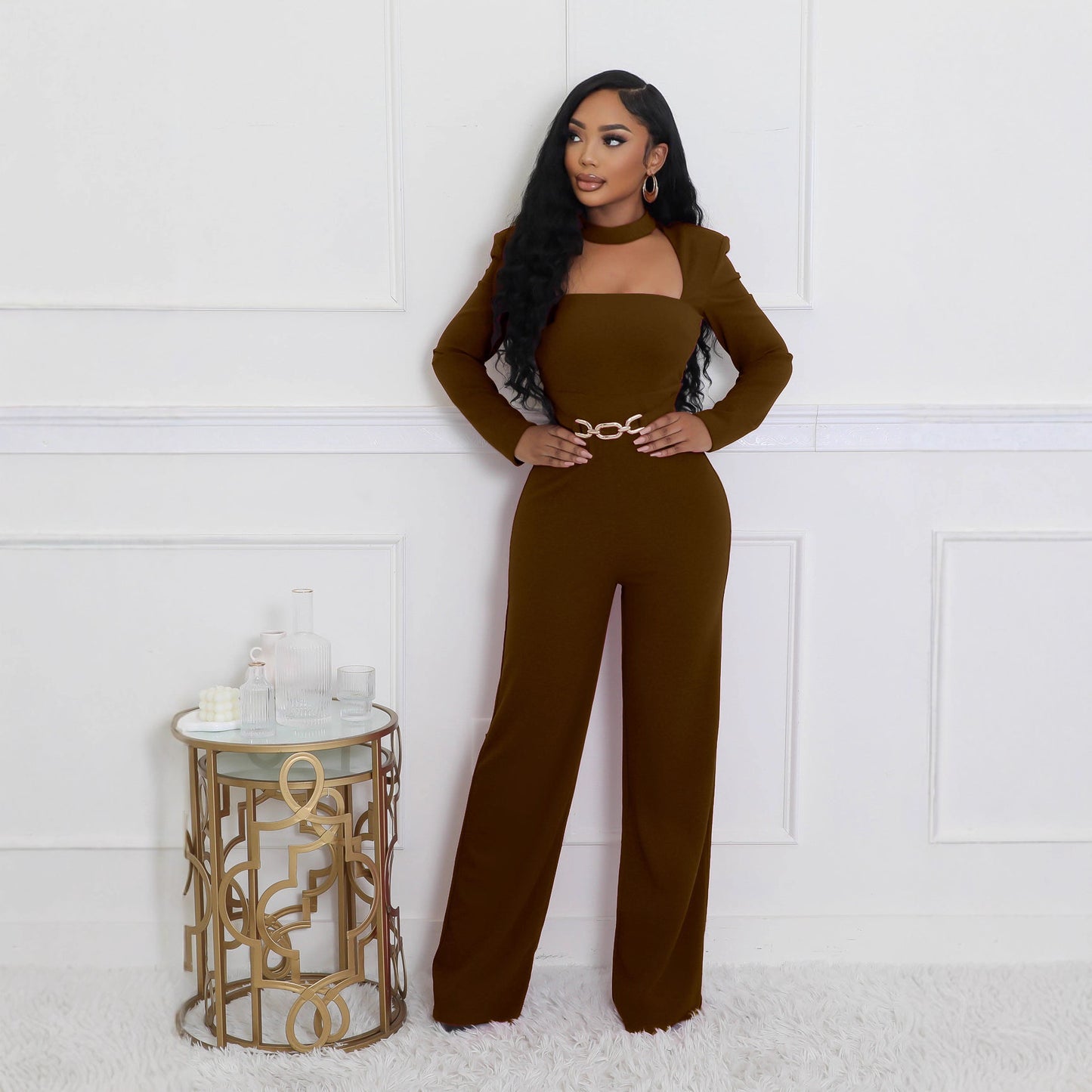 Women's Elegant Personalized Scarf Long Sleeve Wide Jumpsuits