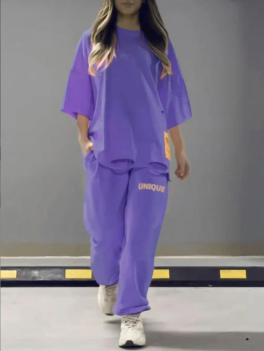 Women's Loose Crew Neck T-shirt Two-piece Set Suits