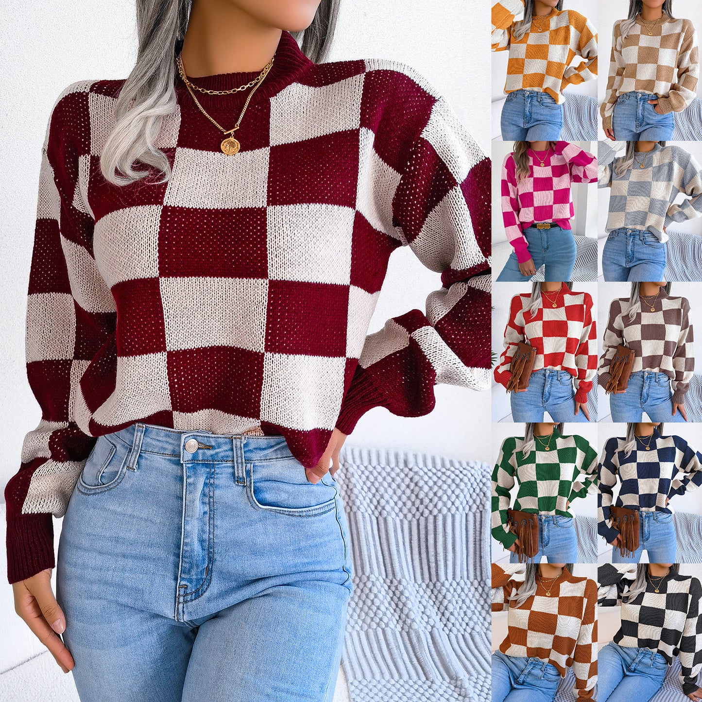Women's Street Style Check Long Sleeve Pullover Sweater