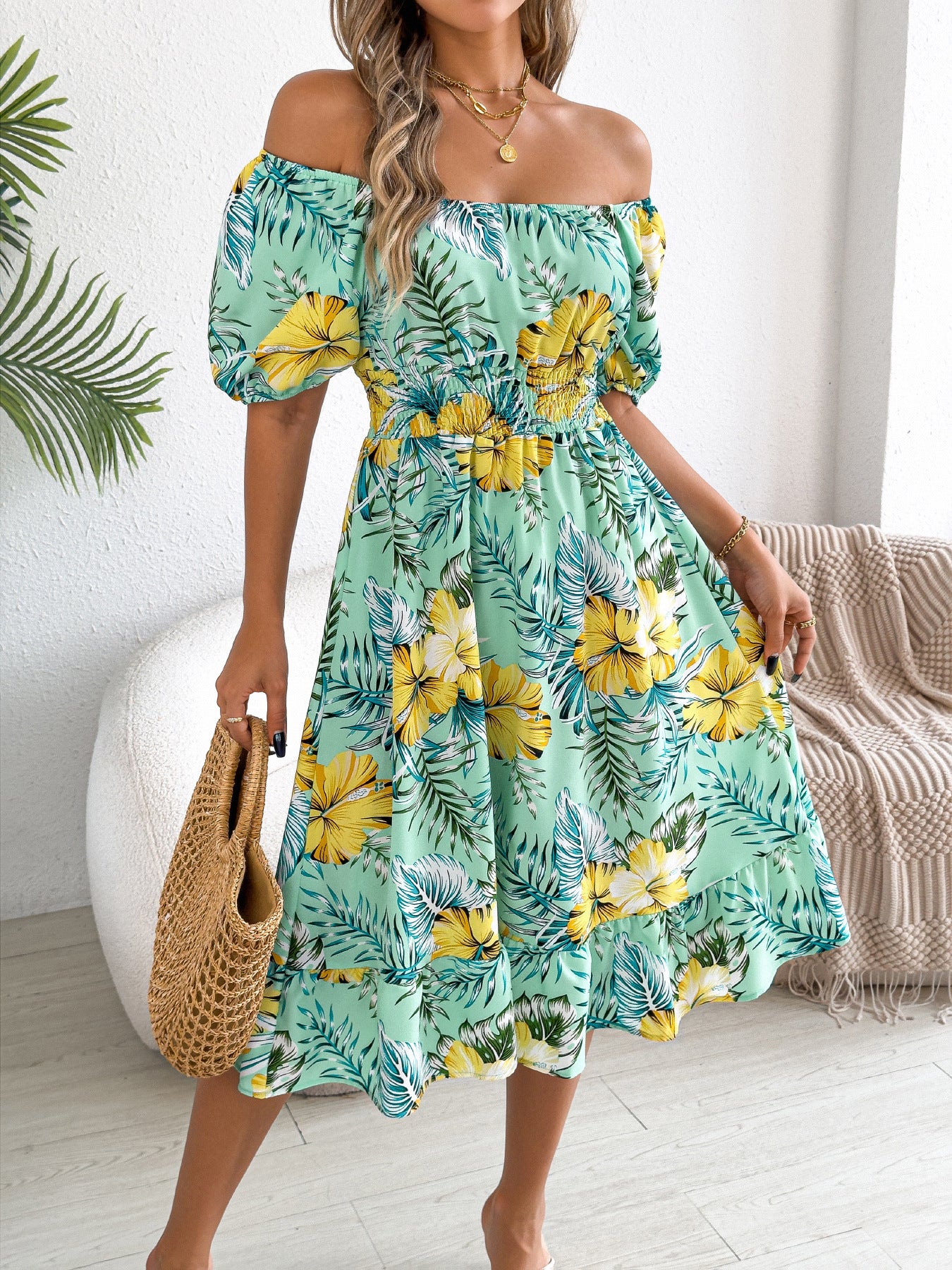 Women's Flower Sleeve Ruffled A- Line Holiday Clothing