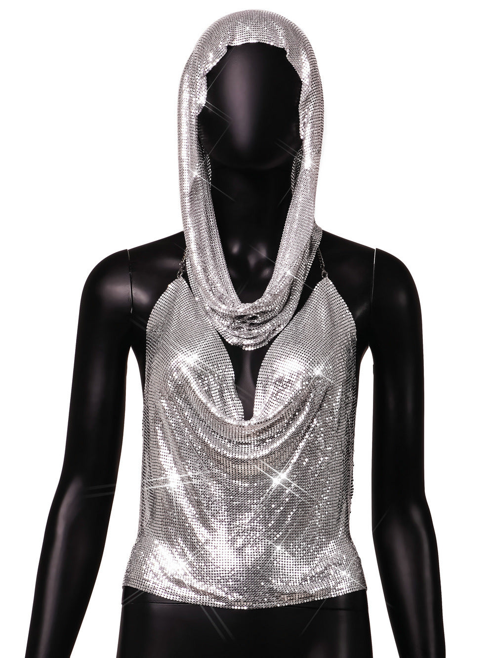 Women's Nightclub Back Slit Metal Sequins Scarf Tops