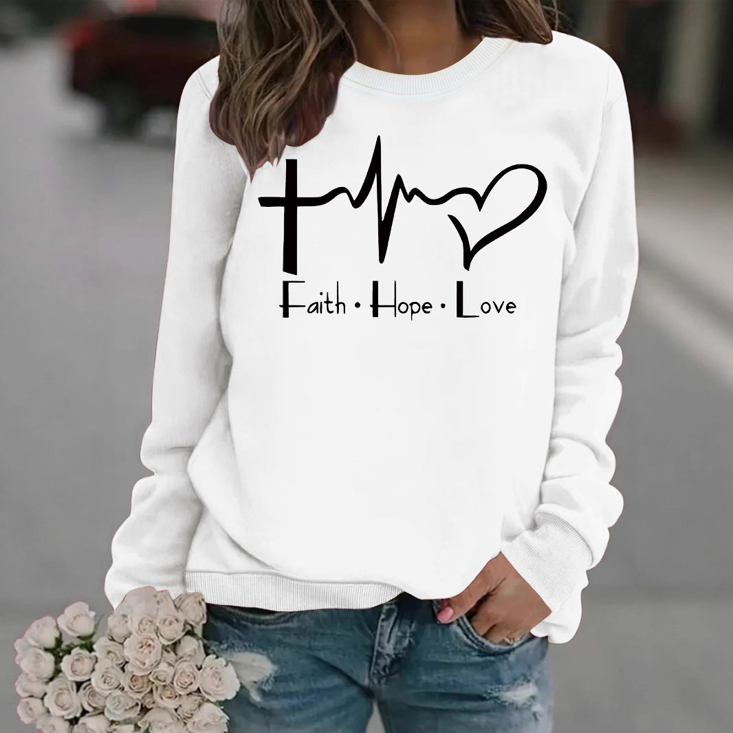 Women's Loose Casual Faith Hope Love Jump Printed Wear Round Neck Women's Sweater, Sweater