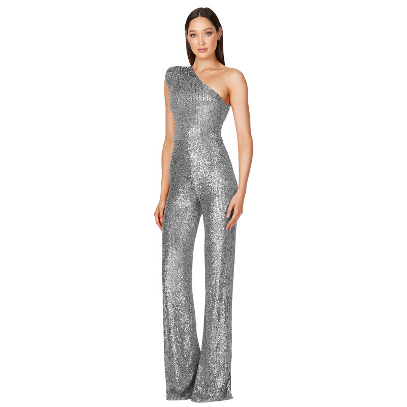 Women's Fashion Sleeveless One Shoulder Backless Sequined Jumpsuits