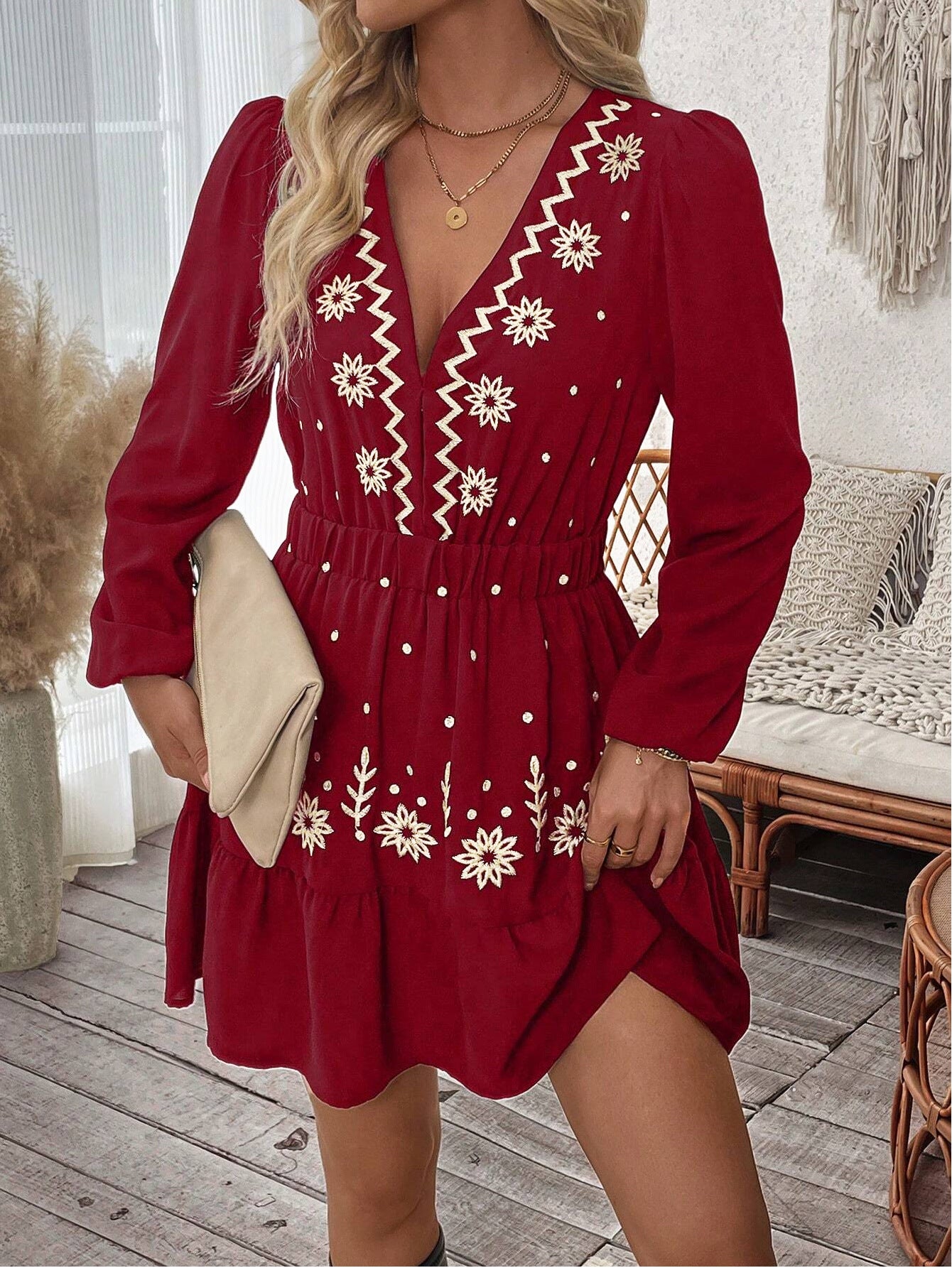 Women's Embroidered Deep Collar Long Sleeve Dress