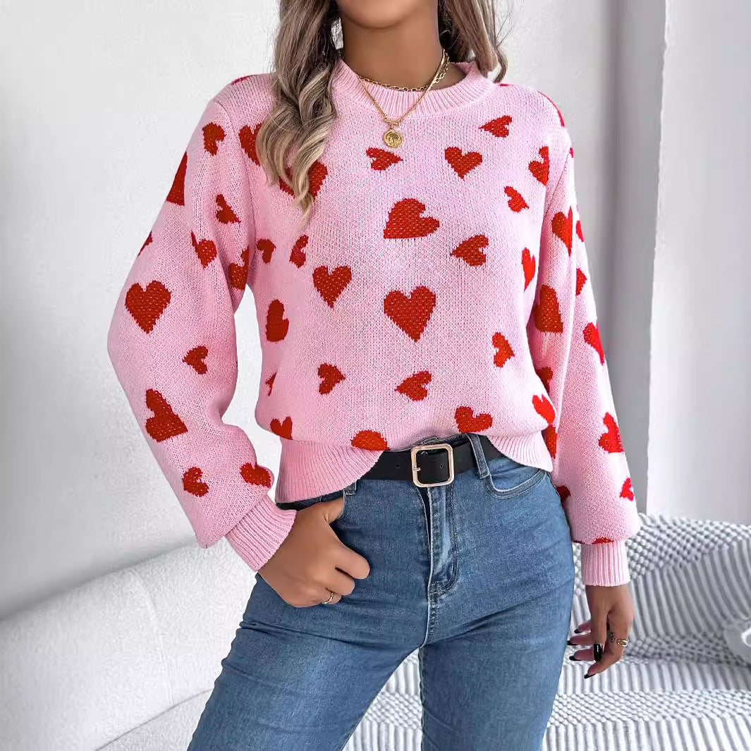 Clearance Casual Contrast Color Love Lantern Sleeve Pullover Sweater