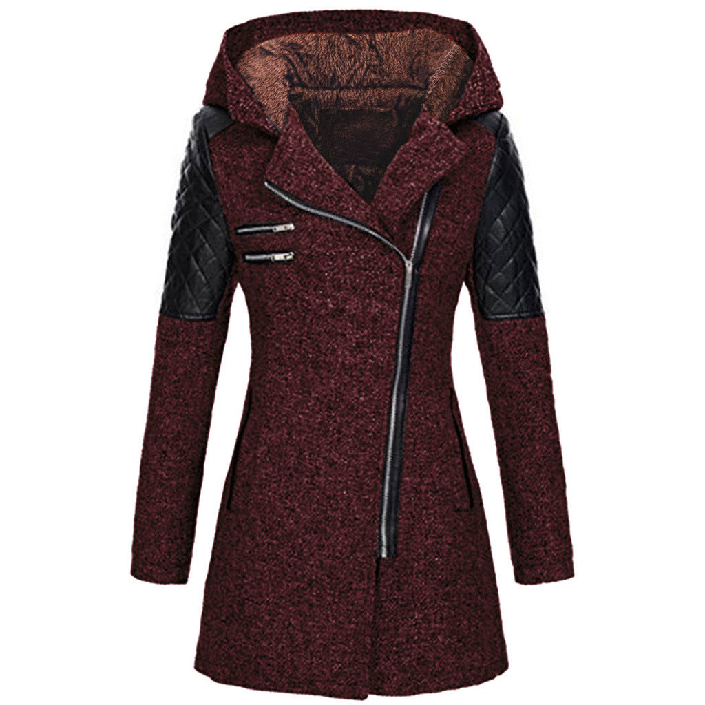 Women's Zipper Hooded Woolen Trench Mid-length Thick Coats