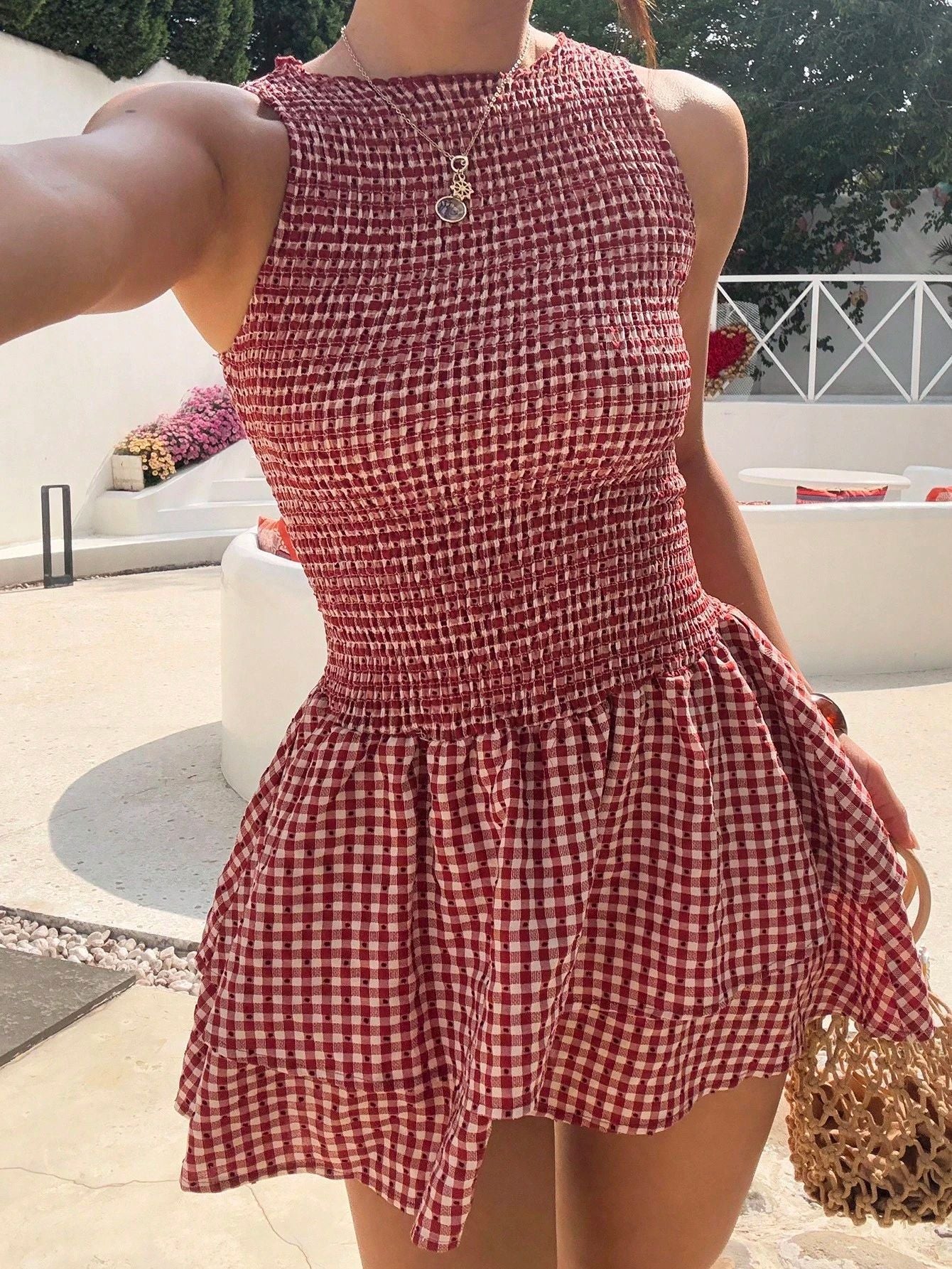 Retro Sleeveless Plaid Fitted Waist Pleated Camisole Tiered Dress