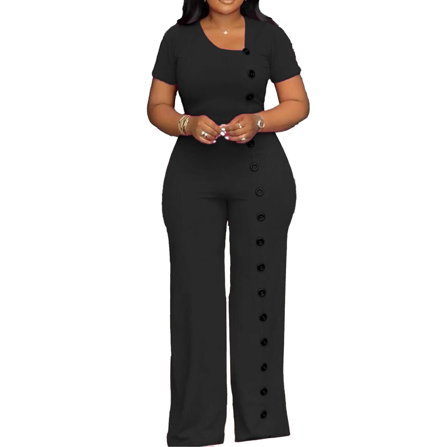 Irregular Neckline Waist Wide Leg Breasted Jumpsuits