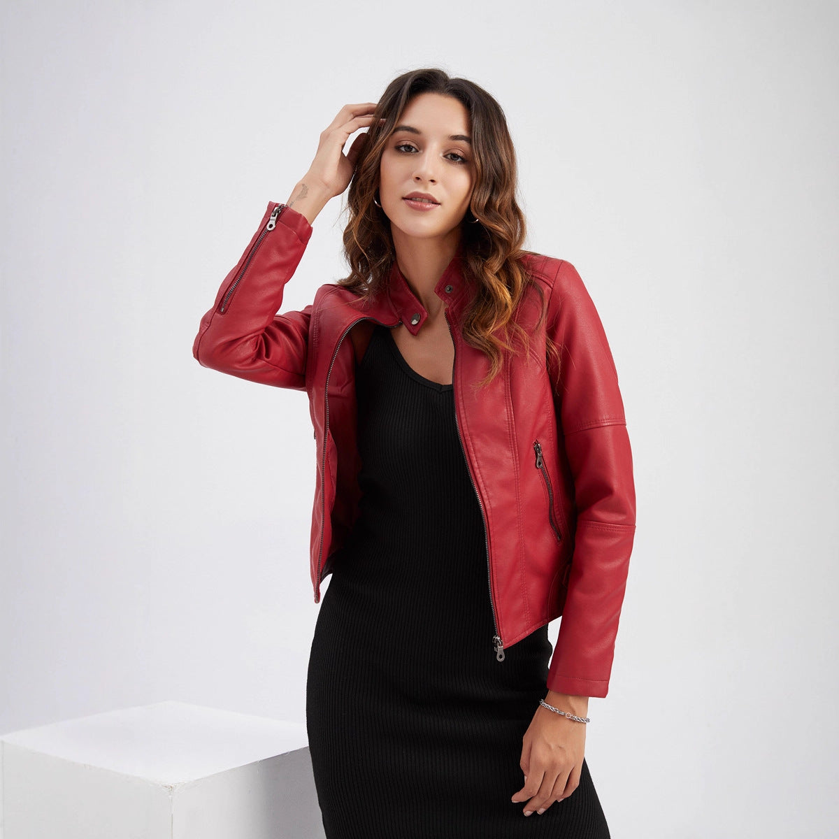 Women's Leather Slim Thin Motorcycle Stand Collar Jackets