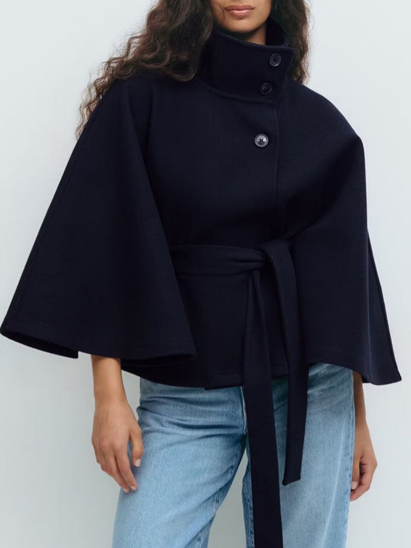 Women's Fashion Solid Color Cloak Stand Collar Button Coats