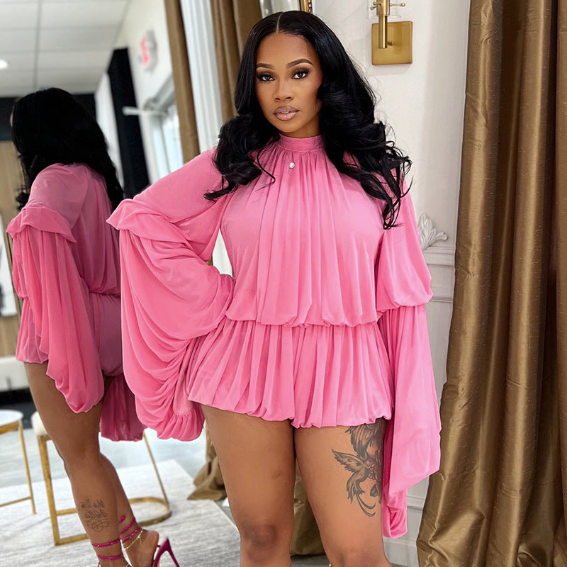 Women's Casual Round Neck Pleated Long Sleeve Jumpsuits