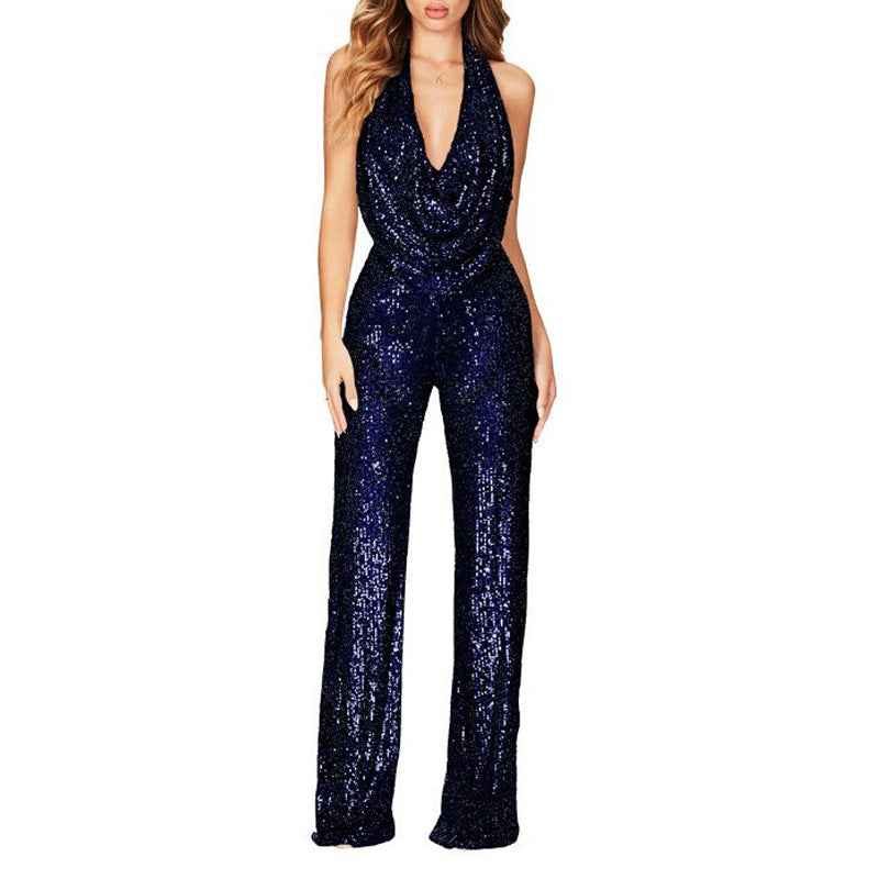 Women's Classy Summer Sleeveless Halter Sequined Jumpsuits