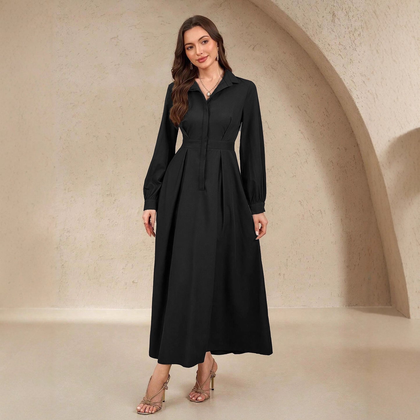 Women's Collar Slimming Solid Color A- Line Dress