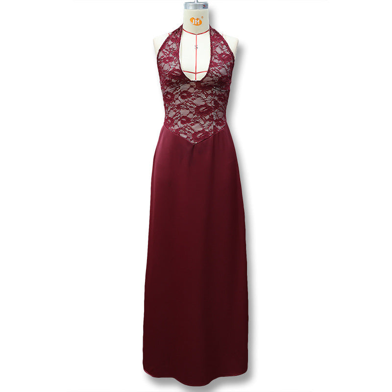 Women's Sexy Deep Lace Stitching Sleeveless Slim Dress