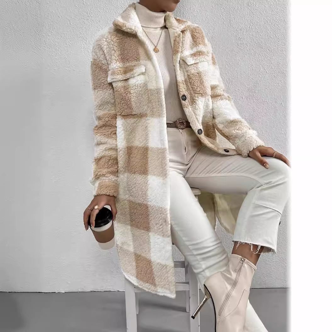 Women's Open Button Lapel Plush Plaid Loose Coats