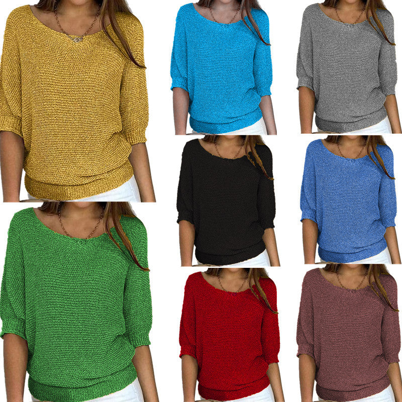 Women's Color Round Neck Commuter Elegant Cropped Sleeves For Air Conditioned Women's Sweater