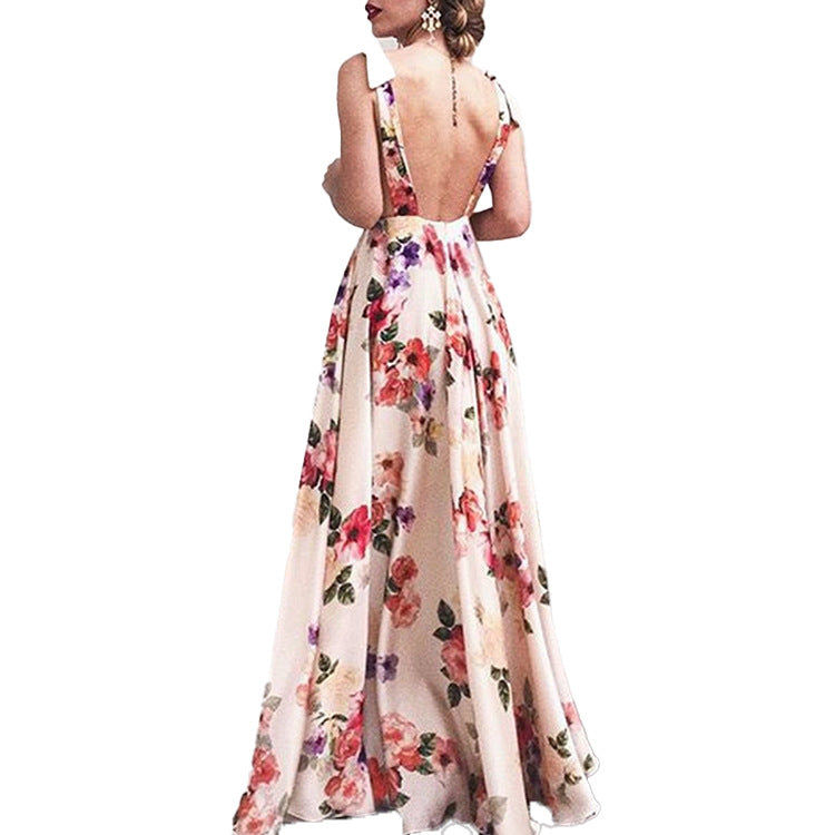 Women's Clothes Exposed Back Printed Large Swing Sleeveless Dresses