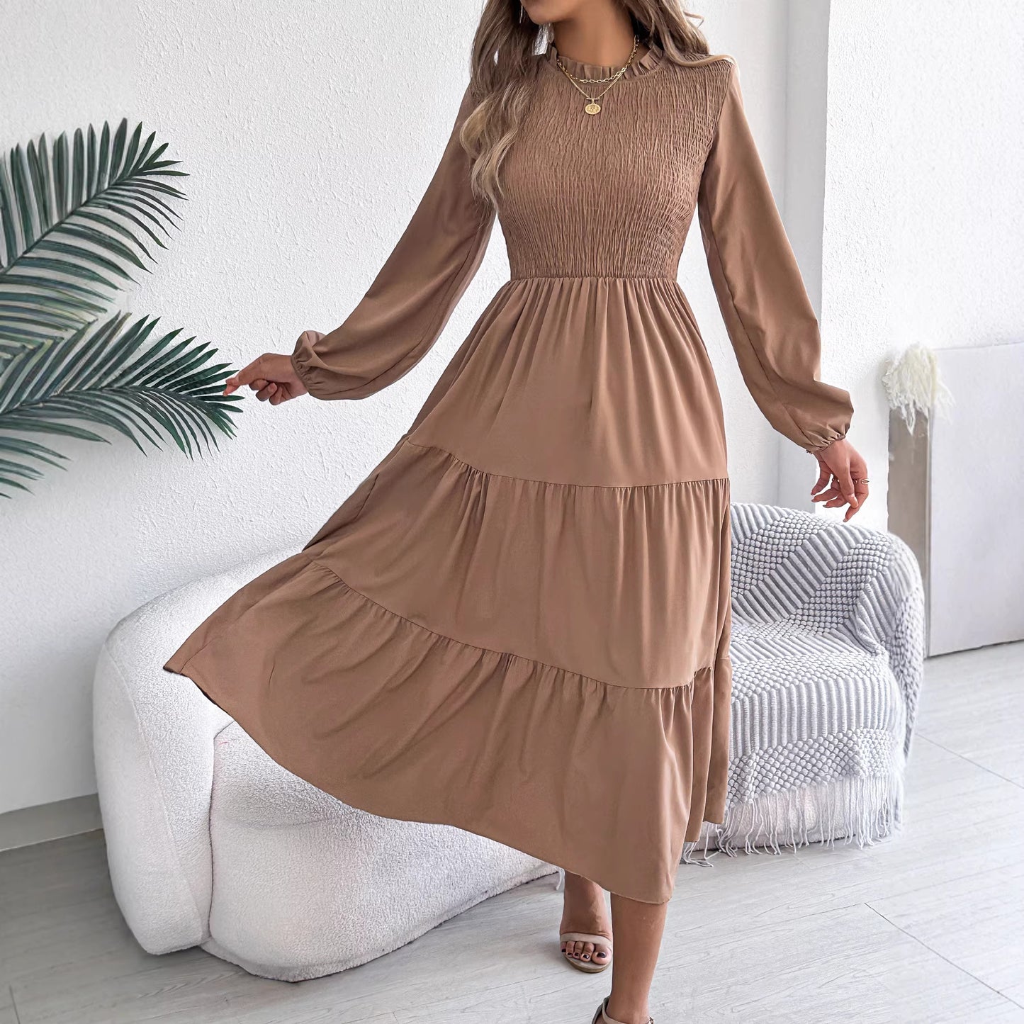 Women's Color Long Sleeve Smocking Slim Fit Dress