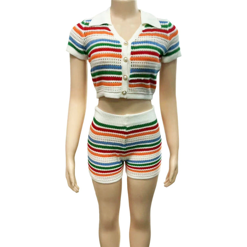 Women's Beach Sexy Knitted Contrast Color Sleeve Fashion Casual Suit