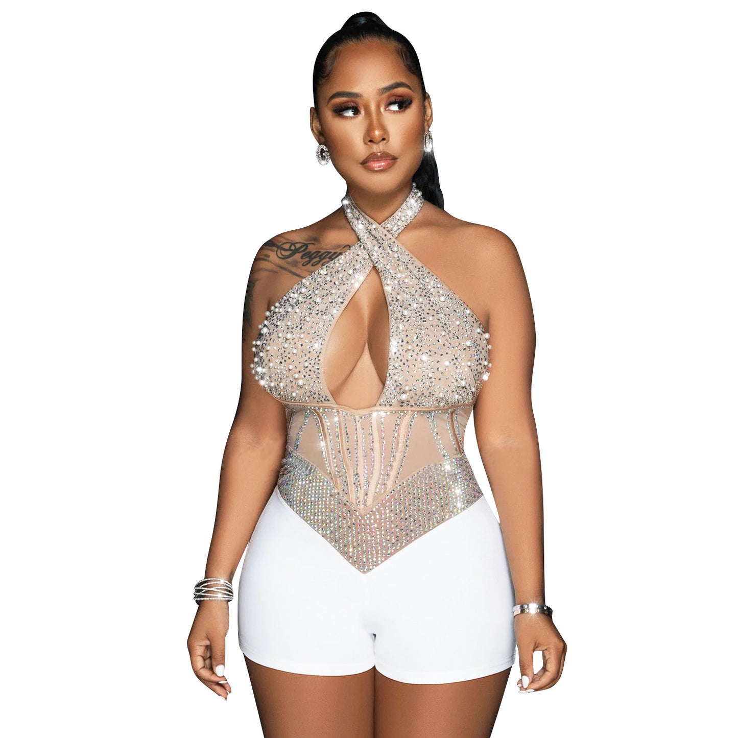Women's Sexy Mesh Tight Halter Rhinestone Jumpsuits