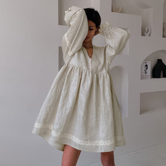 Women's Linen French Dress Temperament Commute Lantern Dresses