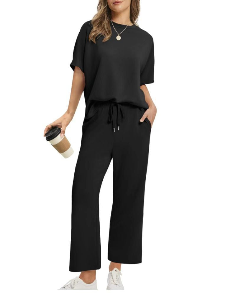 Women's Loose Outfit Round Neck Sleeve Two-piece Shorts