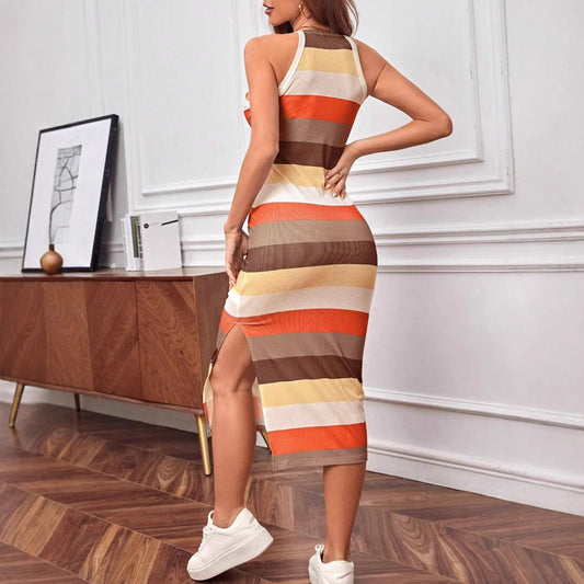 Striped Printed Round Neck Sleeveless Slit Dresses