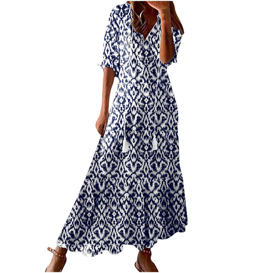 Women's Bohemian Style Print Dress Mid Waist Dresses