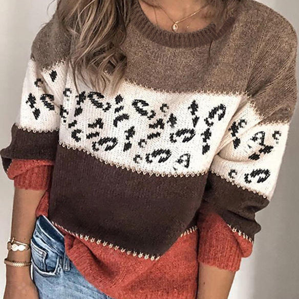 Spring Personality Leopard Splicing Fashionable Knitted Pullover Knitting Women's Sweater